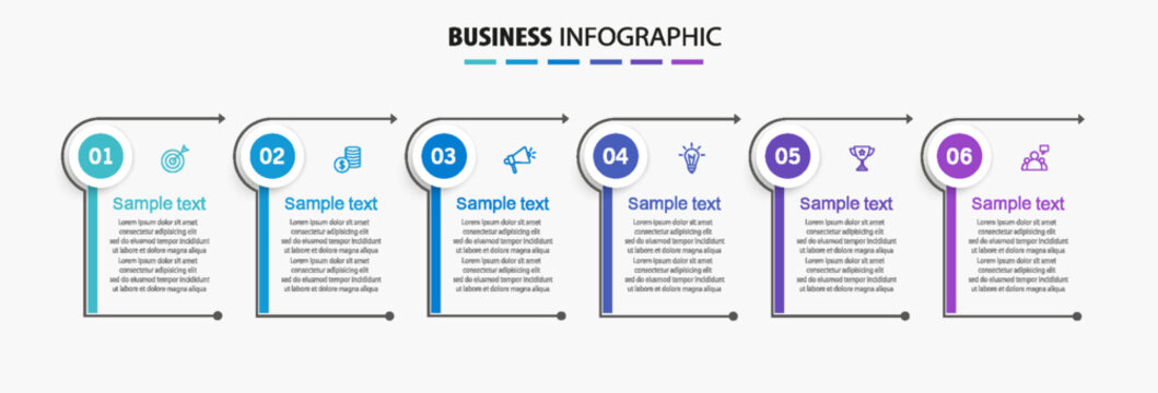 Business vector infographic design template with icons and 6 options or steps. Can be used for process diagram, presentations, workflow layout, banner, flow chart