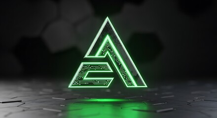 A glowing green neon letter A or triangular logo with circuit board patterns on a dark, futuristic background.