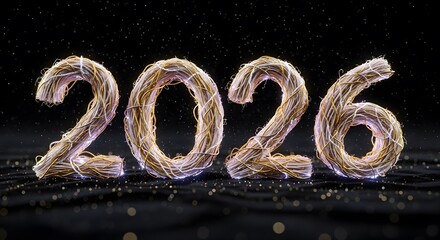 Illuminated 2026, intricately woven with shimmering golden and silver threads, glowing numbers for new year celebrations and future concepts.