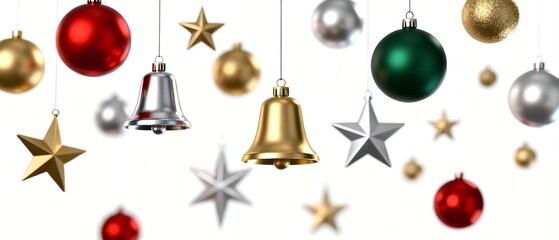Fototapeta premium Vibrant assortment of hanging Christmas ornaments including red, gold, silver, and green baubles, stars, and bells against a clean white background, perfect for holiday designs.