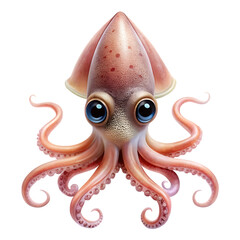 A cute, cartoonish baby squid with large, expressive blue eyes and pinkishorange tentacles, isolated on a transparent background