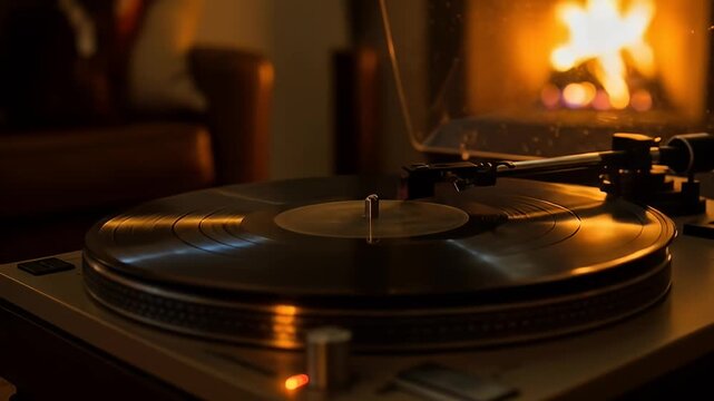 Warm, atmospheric shot of a record player with a vinyl record, fireplace blurred
