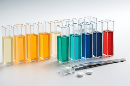 Colorful chemical solutions arranged in transparent cuvettes, laboratory experiment of liquid samples with gradient hues, scientific chemistry analysis concept with spectrophotometer measurement and v