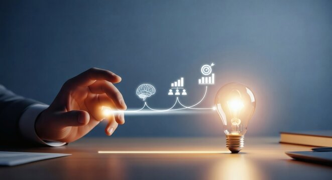 Innovation and business growth concept – lightbulb innovation flow to growth and achievement