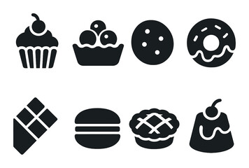 Silhouette dessert icons: cupcake, ice cream, cookie, donut, chocolate, macaron, pie, pudding