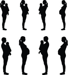 Pregnancy, Motherhood, Woman, Silhouette, Vector, Female, Profile, Baby, Child, Parent, Family, Black, White, Outline, Illustration