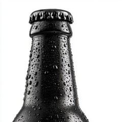 Cold beer bottle with condensation on white background
