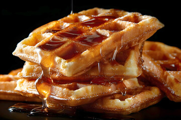 A delicious stack of golden-brown waffles is drenched in thick, flowing maple syrup, illuminated dramatically against a dark background