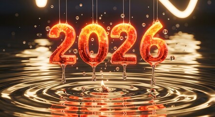 Glowing 2026 numbers dripping fire into reflective water, a solitary flame marking new beginnings and upcoming year celebrations.