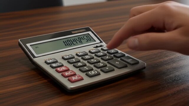 A calculator sits on a desk with a person's finger poised to press a button