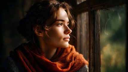 Woman gazing into distant light through open window in tranquil silence