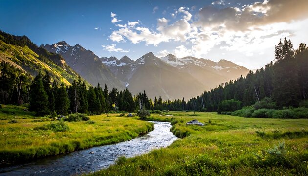 Scenic vista of a mountain valley featuring a flowing river, grassy meadow, and majestic snow-capped peaks under a sunny sky - Powered by Adobe