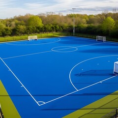 Aerial View of a Blue Field Hockey Pitch with White Markings and Goals.