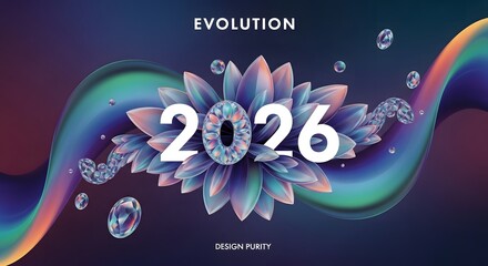 Evolution 2026 concept with vibrant abstract floral pattern, iridescent flowing waves, and futuristic crystal droplets on a rich gradient background