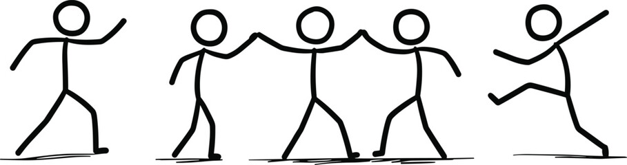 Stick figure celebration pose, group unity gesture, dancing jumping character set, festive joy scene, cad drawing flat vector illustration