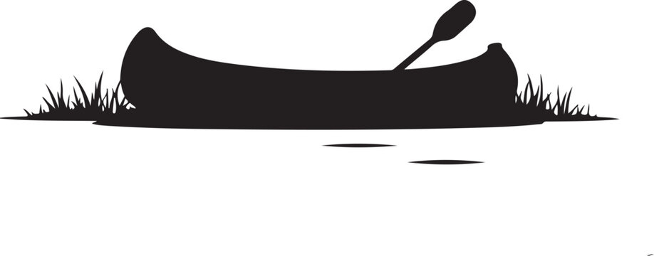 Black silhouette of a canoe with paddle and grass on water