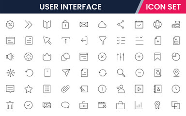 User Interface UI, UX web icons in line style. User, profile, message, mobile app, document file, social media, button, home, chat, arrow, collection. Vector illustration.