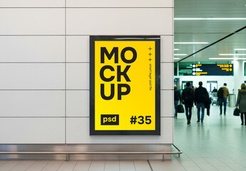 Wall poster mockup in public place like airport or station