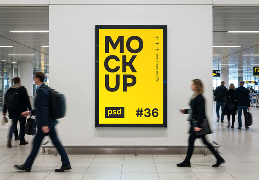 Wall poster mockup in public place like airport or station
