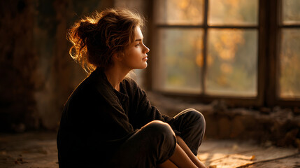 Woman sitting cross legged near window lost in thoughtful silence and warm light 
