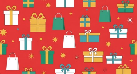 A delightful seamless pattern adorned with festive gift boxes and shopping bags, capturing the spirit of holiday shopping in a cheerful Flat Design. Perfect for seasonal promotions and greeting cards.
