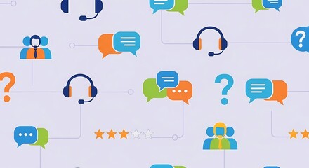 A reassuring seamless pattern featuring customer service and support icons like headsets and chat bubbles, presented in a clear Flat Design. Ideal for help sections, call centers, or customer experien