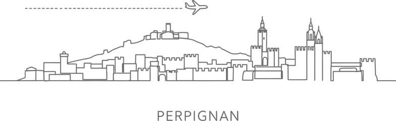 Obraz premium Perpignan Skyline with Airplane and Castle Icon