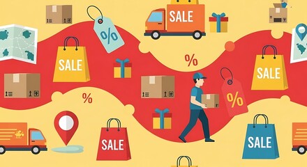 This energetic seamless pattern features sale and discount elements like percentage signs and price tags, all in a compelling Flat Design. Perfect for promotional materials or seasonal sales events.