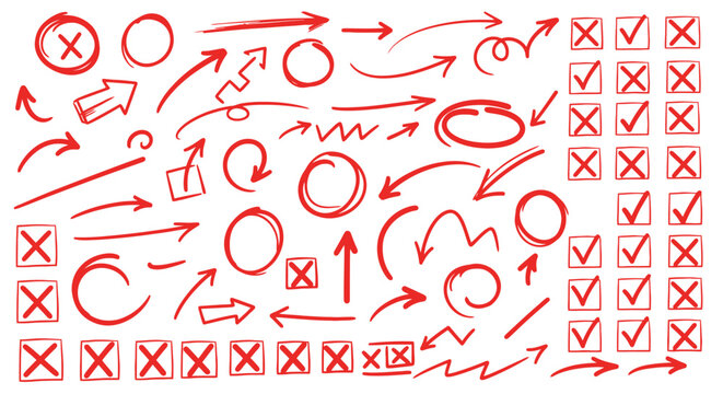 Collection of hand drawn red marks arrows circles and checkmarks on white background