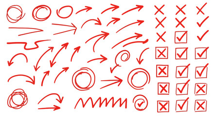 Collection of hand drawn red arrows circles checkmarks and xs on white background