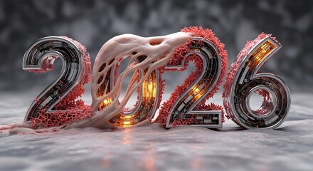 Abstract 2026 numbers with intricate biomechanical structures and glowing tech details, representing modern future growth and technological evolution.