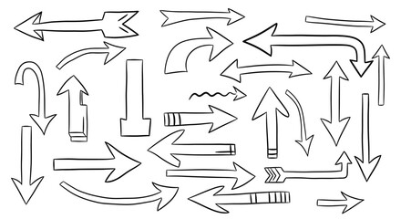 Collection of hand drawn arrows in various styles and directions on a white background