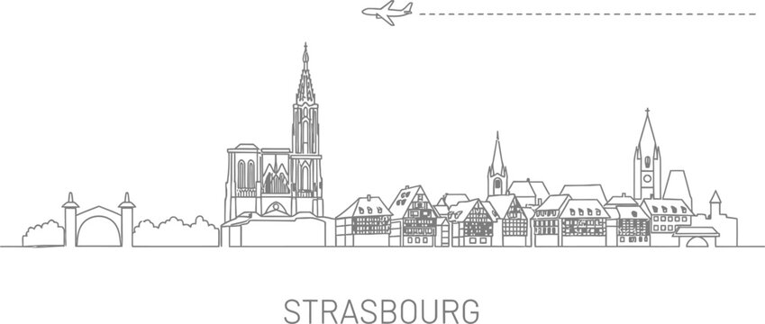 Strasbourg Skyline Line Art with Airplane