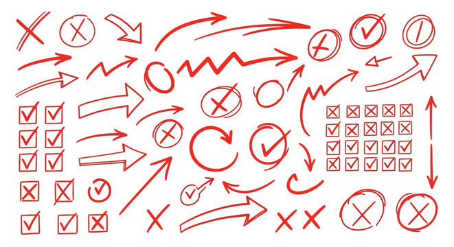 Collection of hand drawn red arrows checkmarks and crosses symbols for decision making and survey