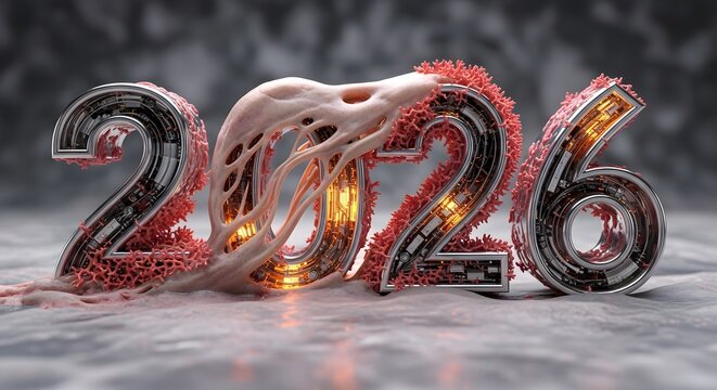 Abstract 2026 numbers with intricate biomechanical structures and glowing tech details, representing modern future growth and technological evolution. - Powered by Adobe