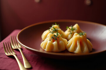 Close up of elegant Georgian khinkali on burgundy matte plate. Delicious Georgian khinkali in a clay plate.