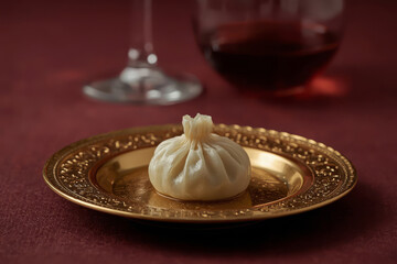 Georgian khinkali on a gold plate on a burgundy table. Luxurious Georgian cuisine at the restaurant.
