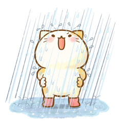 Watercolor happy cat enjoying the rain – positive feeling, gentle watercolor, transparent PNG with copy space
