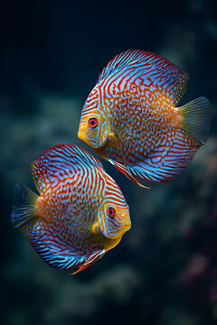 A beautiful photograph of two colorful discus fis
