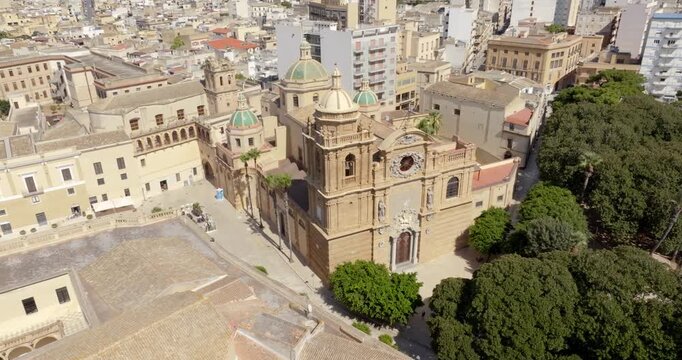 Aerial view of the facade of the Basilica Minore del Santissimo Salvatore, located in the historic center of Mazara del Vallo, in the province of Trapani, Sicily, Italy. It is the city's main church.