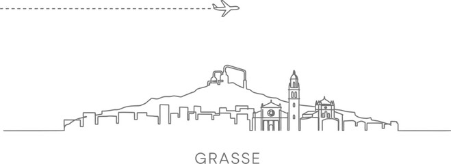 Fototapeta premium Grasse skyline with airplane icon and dashed line