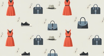 A stylish seamless pattern showcasing popular fashion retail items such as dresses, sneakers, and handbags, rendered in a crisp Flat Design aesthetic. Ideal for fashion blogs, apparel branding