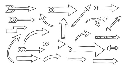 Collection of hand drawn arrows in various styles and directions isolated on white background