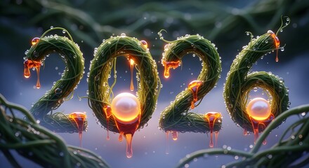 Organic 2026: verdant vines with shimmering dewdrops and glowing amber pearls, symbolizing growth, renewal, and a hopeful new year
