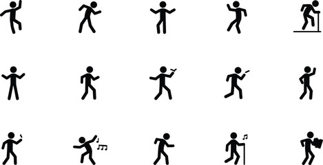 Stick figure dance icons, performance gesture poses, musical character movements, minimalist blackwhite art, cad drawing flat vector illustration