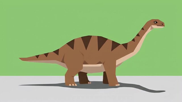 Low-poly, brown dinosaur with triangle markings on a gray surface against a green backdrop