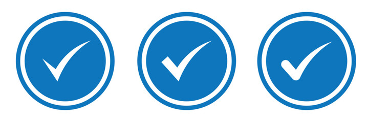 Blue check mark tick verification icon. Set of social media verified icons. Blue tick verified badge icon. Check badge icon vector set. Social media official account tick symbol. 