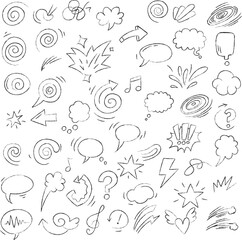 Hand Drawn Doodle Vector Elements Set &ndash; Sketchy Speech Bubbles, Arrows, Stars, Swirls, Clouds, Music Notes, Emojis & Comic Effects for Design, Social Media, Presentations & Web