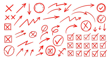 Collection of hand drawn red arrows checkmarks crosses circles and xs symbols on white background