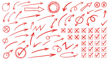 Collection of hand drawn red arrows circles checkmarks and x marks on white background